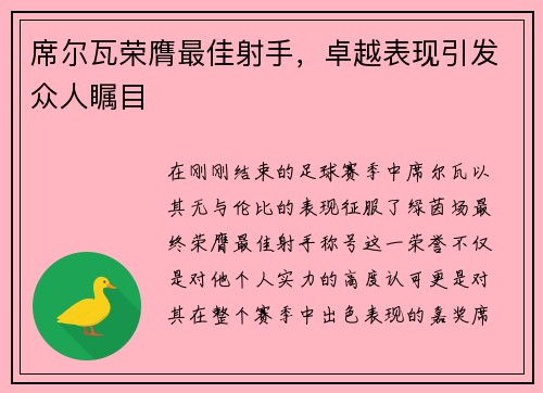 席尔瓦荣膺最佳射手，卓越表现引发众人瞩目